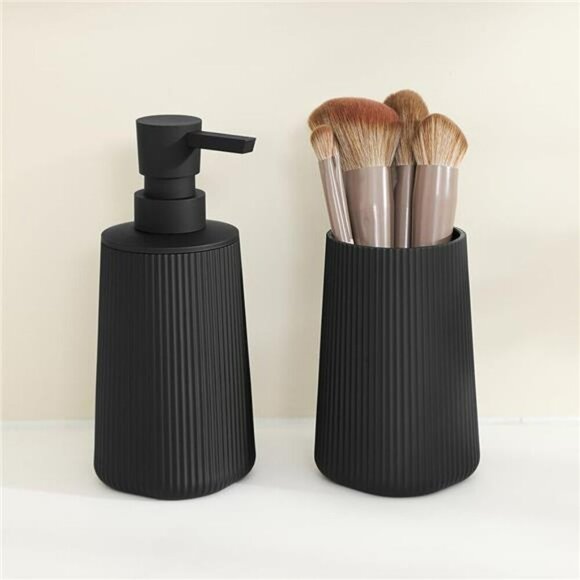 Black Bathroom Soap Dispenser Toothbrush Holder Set Countertop Organizer - Picture 5 of 7